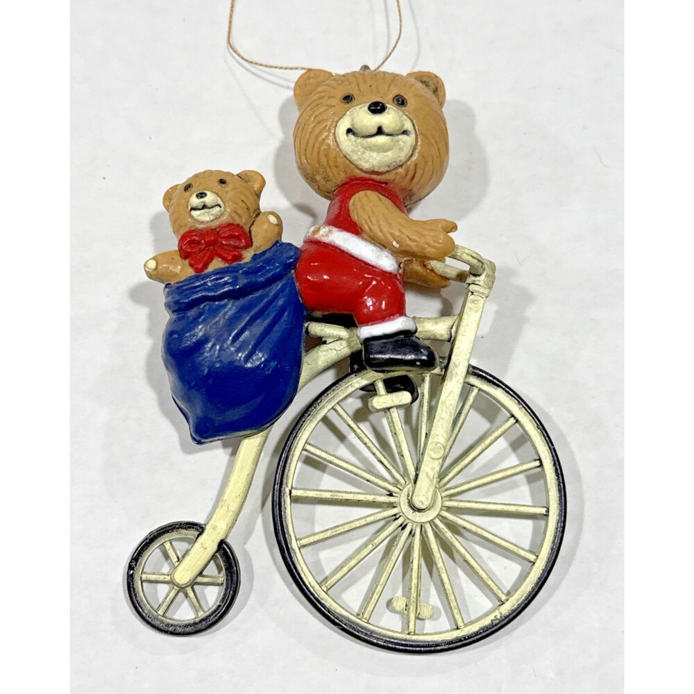 Vtg Bears on a Bicycle Ornament Santa Toy Bag Sack Christmas Teddy Bear